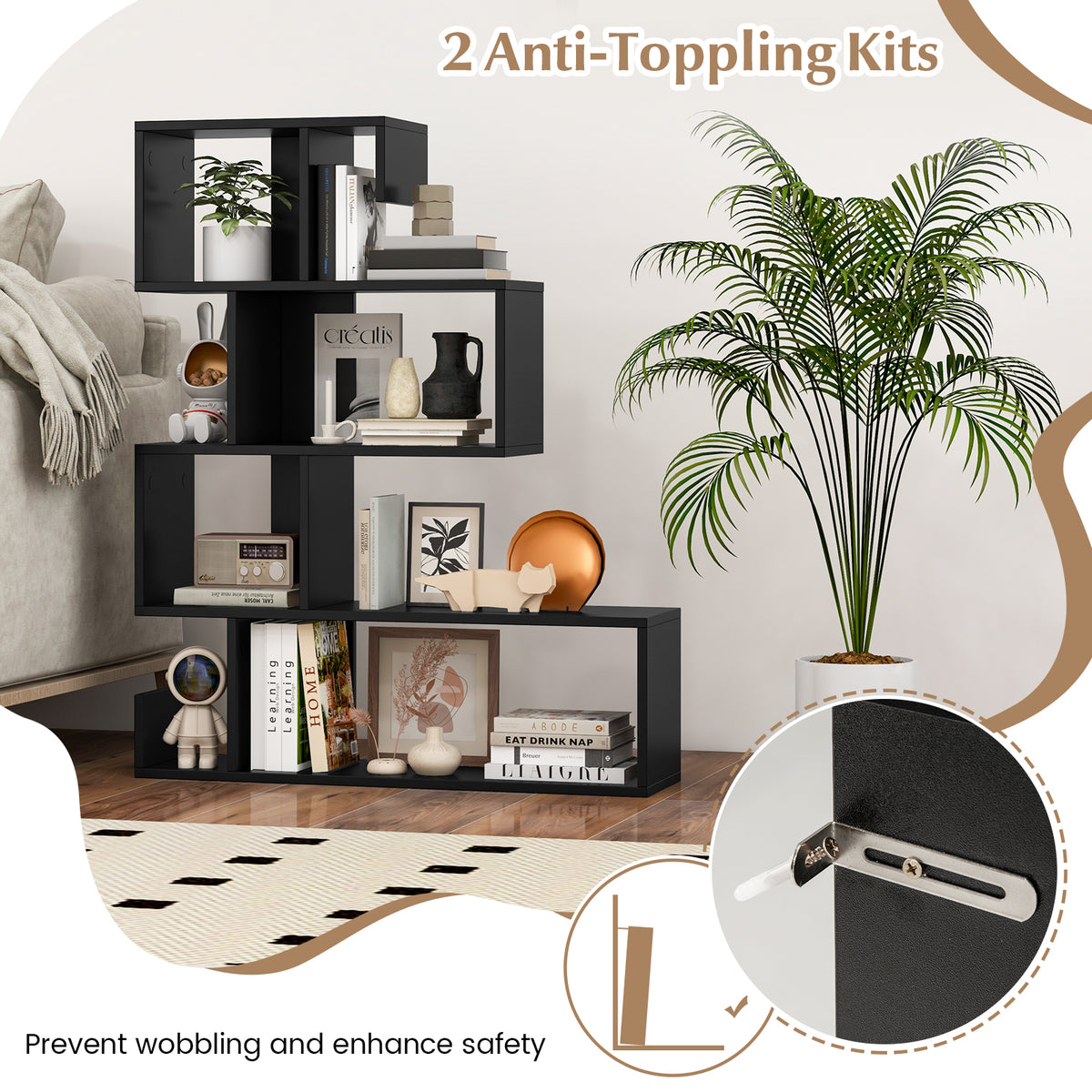 S-Shaped Bookshelf with Open Cubes - Black
