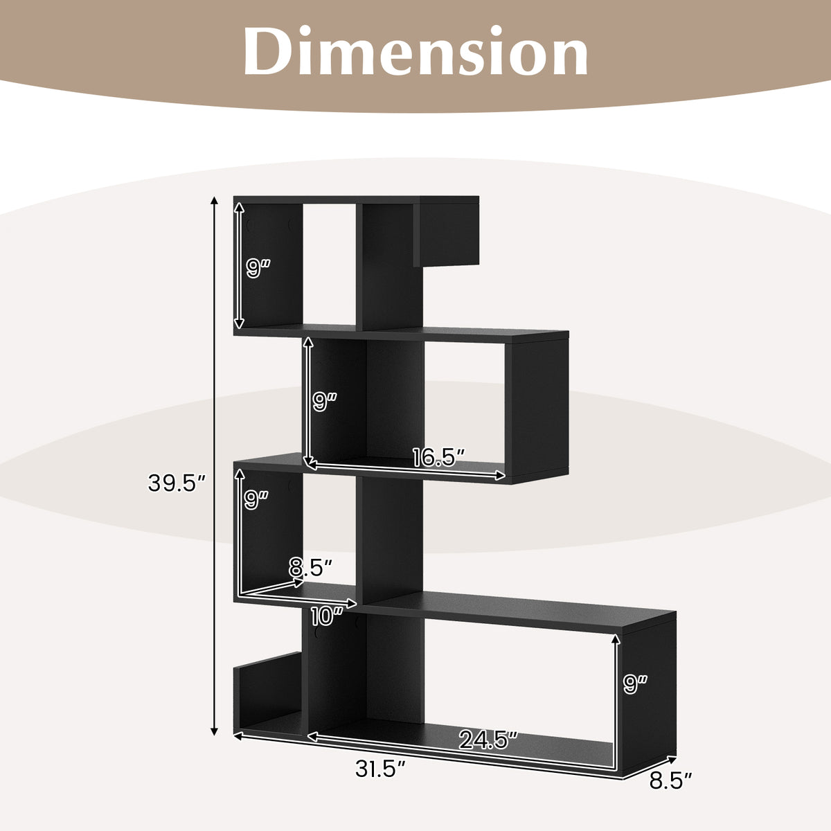 S-Shaped Bookshelf with Open Cubes - Black