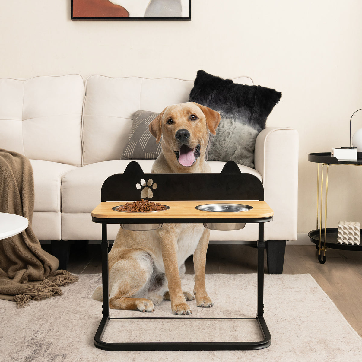 Height-Adjustable Dog Bowl Stand with 2 Stainless Steel Food & Water Bowls - Blackboard & Claw Pattern