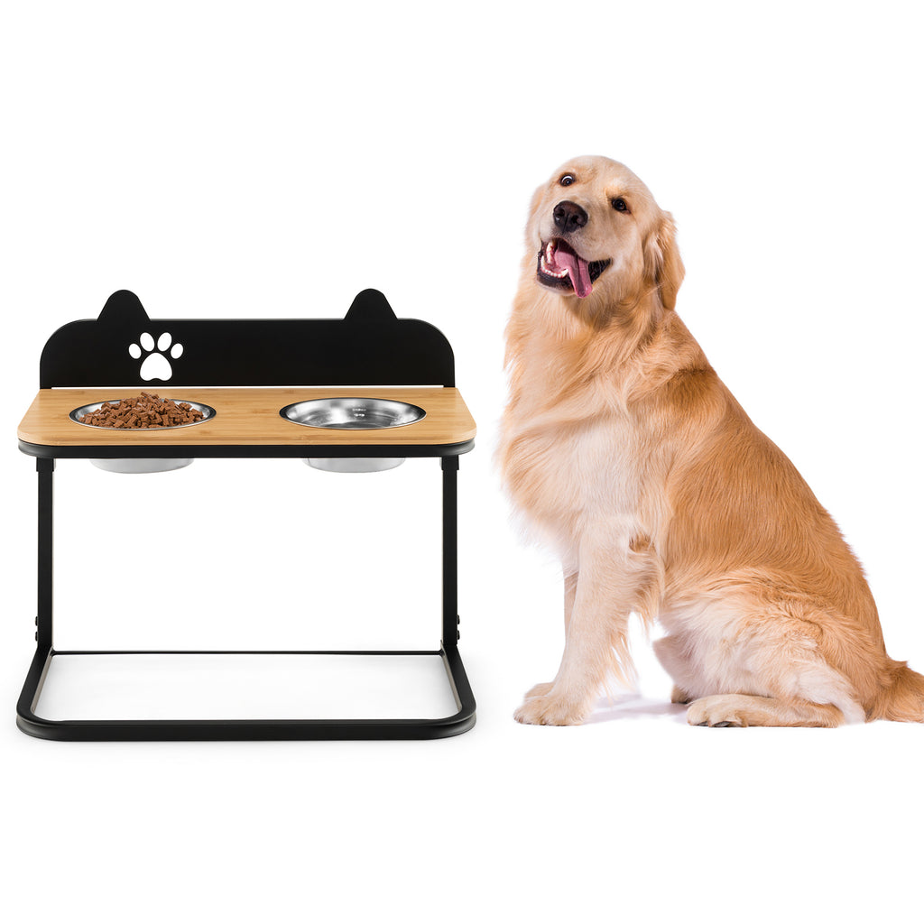 Height-Adjustable Dog Bowl Stand with 2 Stainless Steel Food & Water Bowls - Blackboard & Claw Pattern