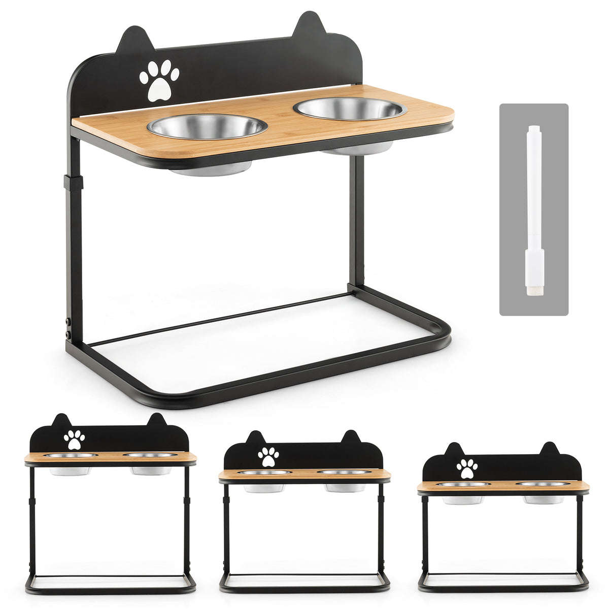 Height-Adjustable Dog Bowl Stand with 2 Stainless Steel Food & Water Bowls - Blackboard & Claw Pattern