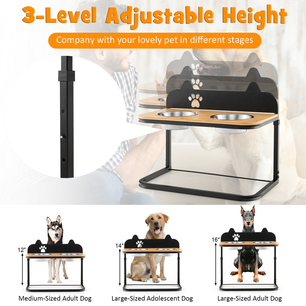 Height-Adjustable Dog Bowl Stand with 2 Stainless Steel Food & Water Bowls - Blackboard & Claw Pattern