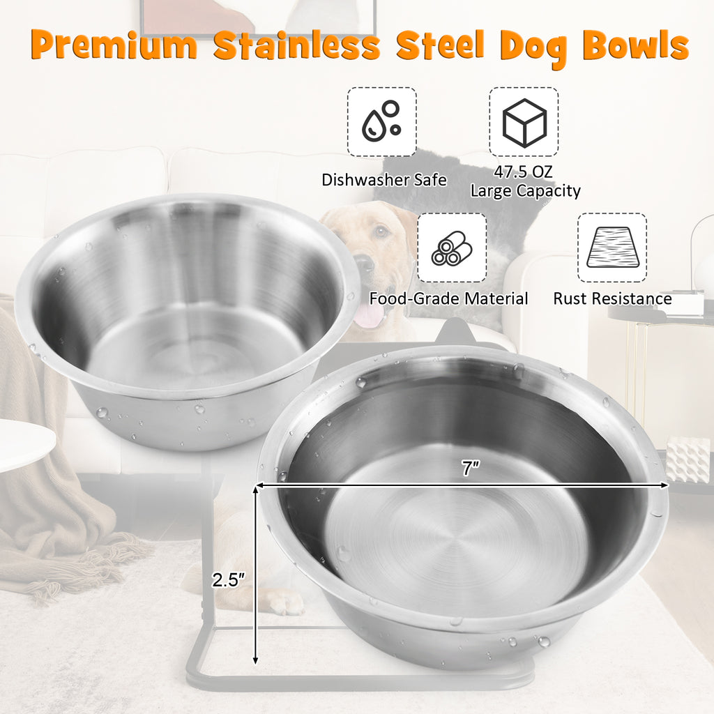 Height-Adjustable Dog Bowl Stand with 2 Stainless Steel Food & Water Bowls - Blackboard & Claw Pattern
