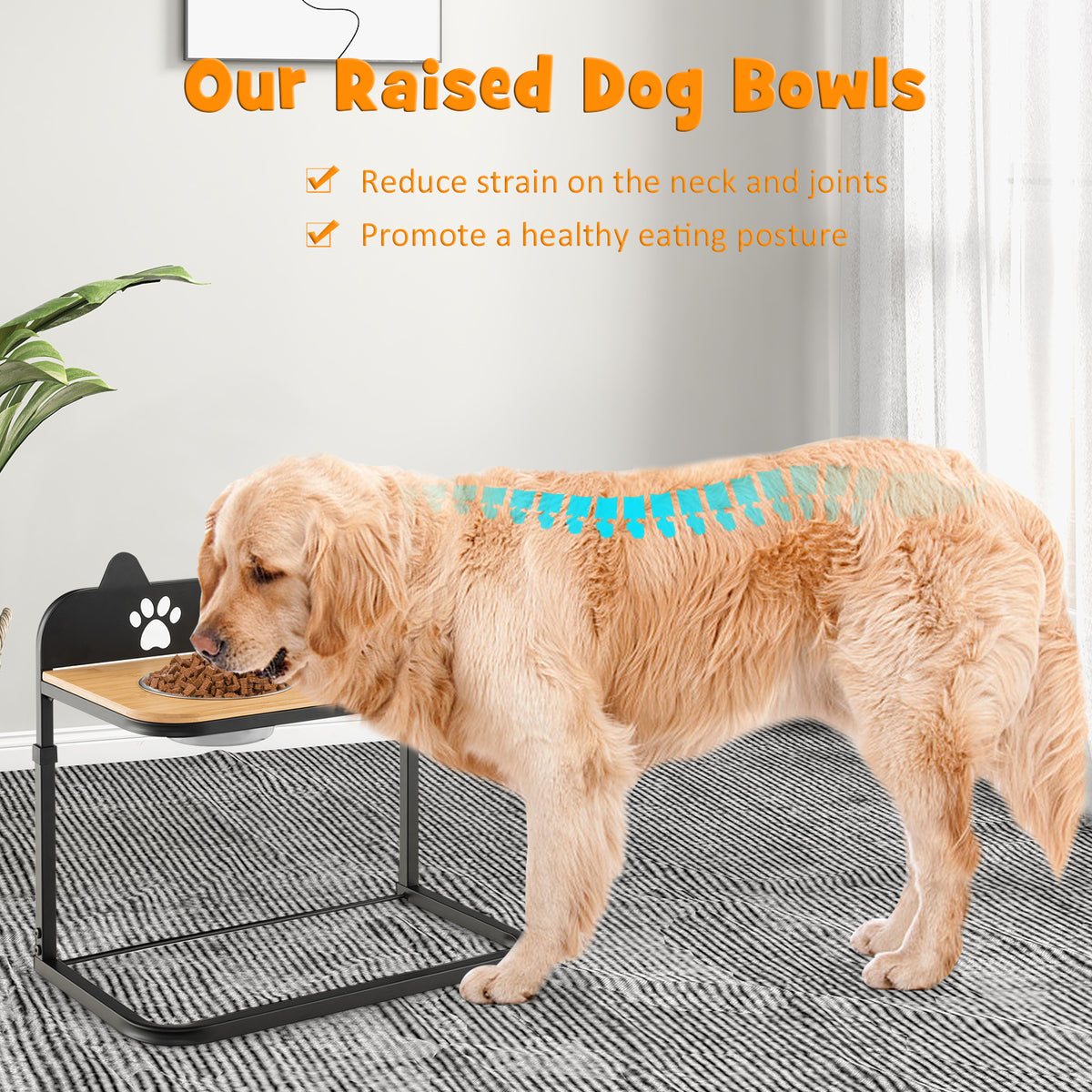 Height-Adjustable Dog Bowl Stand with 2 Stainless Steel Food & Water Bowls - Blackboard & Claw Pattern