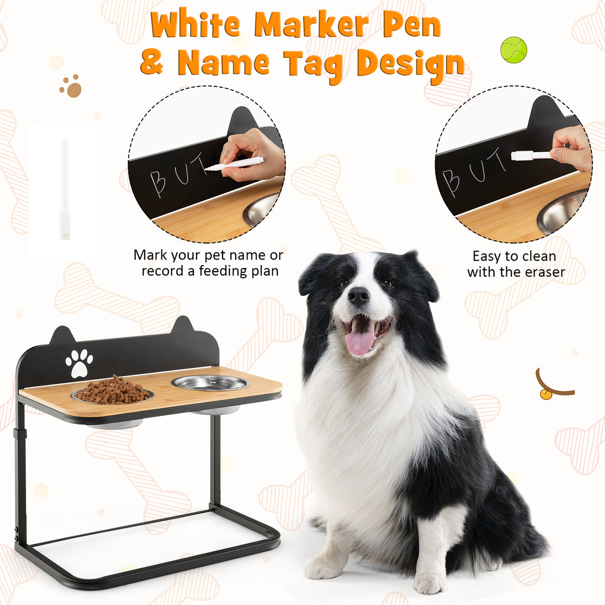 Height-Adjustable Dog Bowl Stand with 2 Stainless Steel Food & Water Bowls - Blackboard & Claw Pattern