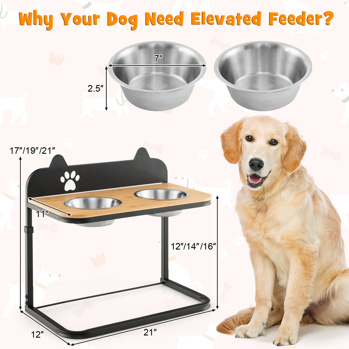 Height-Adjustable Dog Bowl Stand with 2 Stainless Steel Food & Water Bowls - Blackboard & Claw Pattern