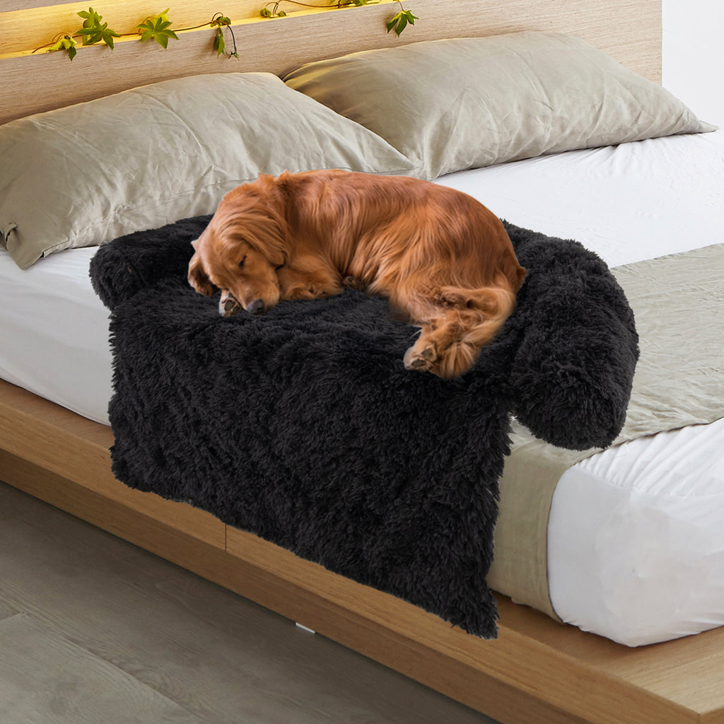 3 Sizes Black Plush Calming Dog Couch Bed with Anti-Slip Bottom - Small