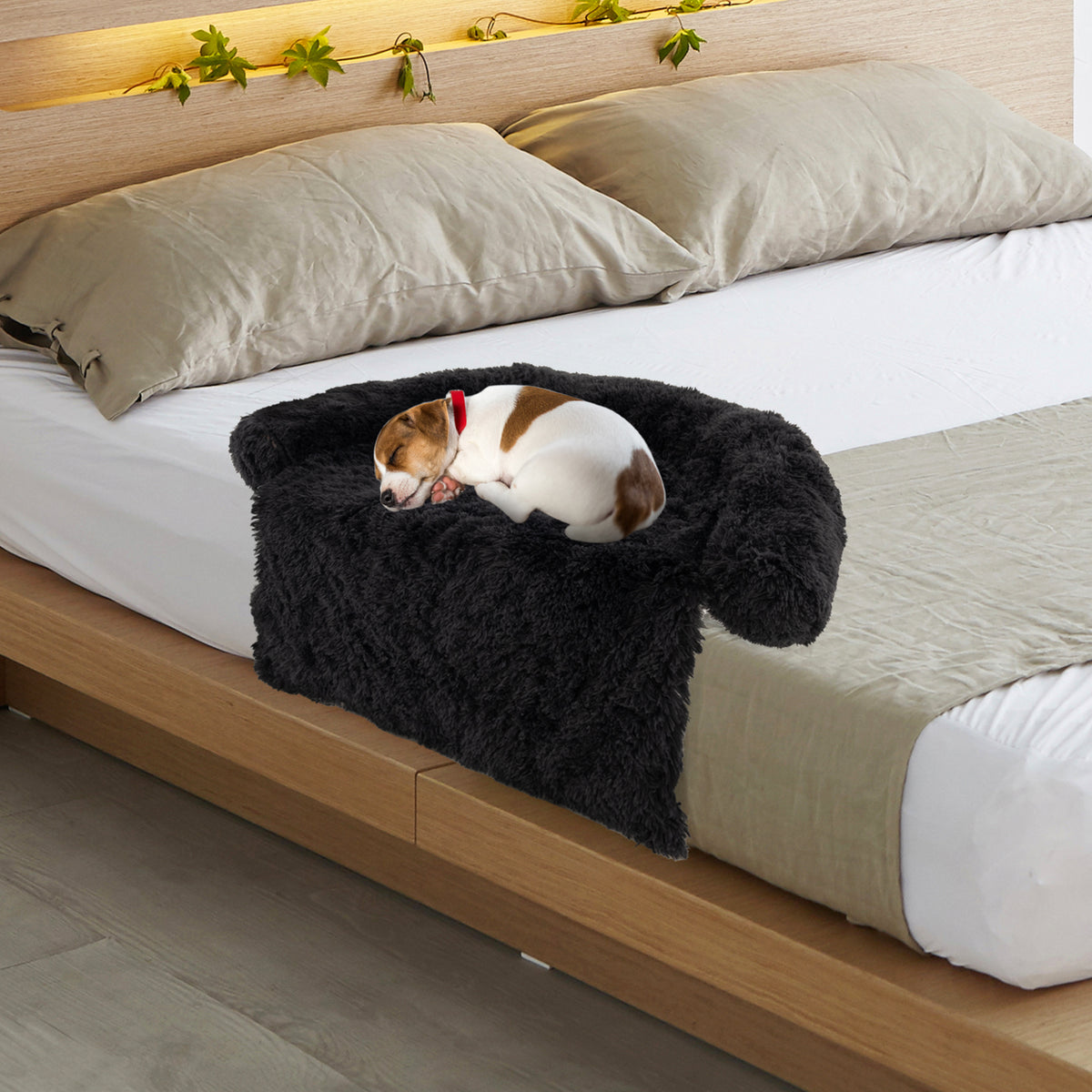 3 Sizes Black Plush Calming Dog Couch Bed with Anti-Slip Bottom - Small