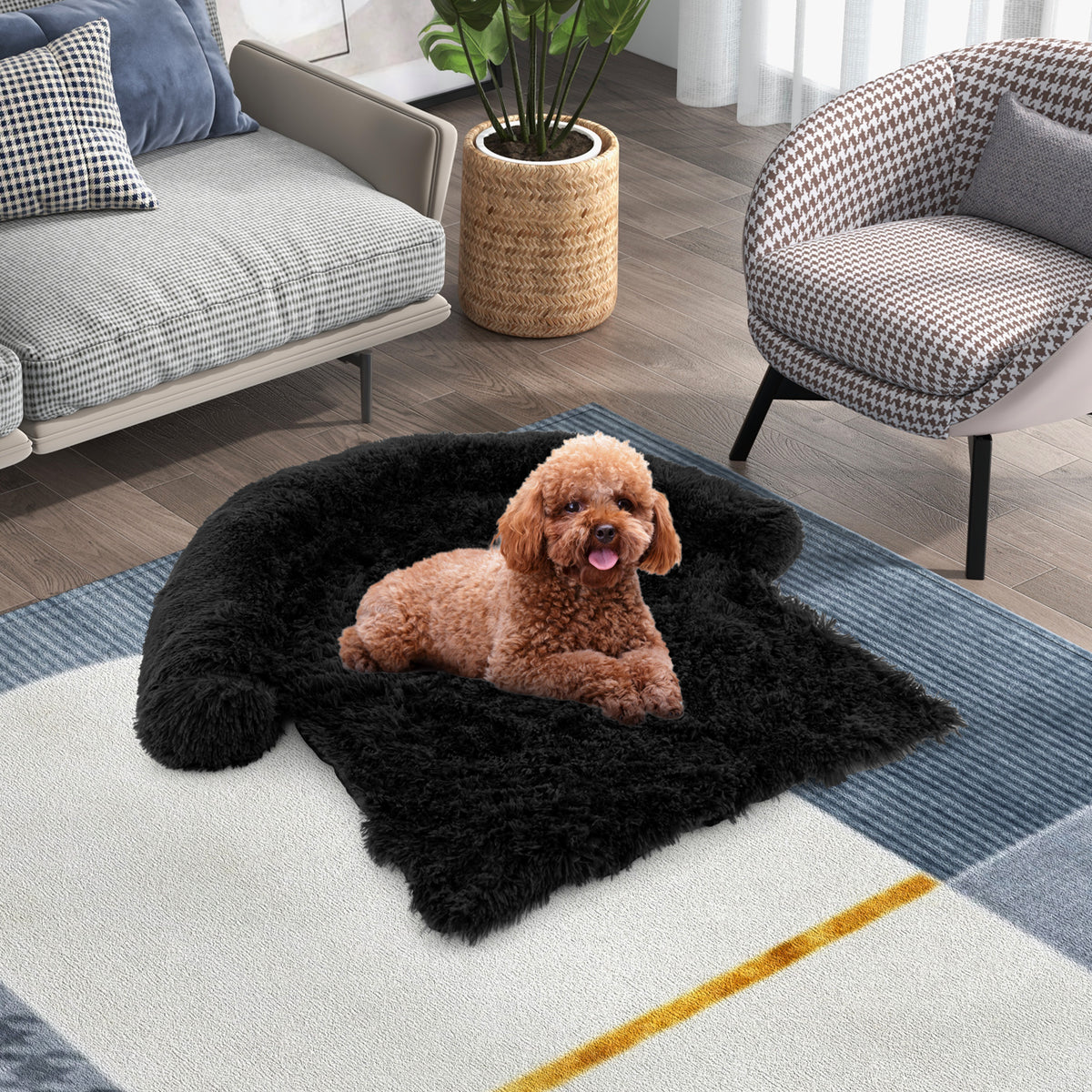 3 Sizes Black Plush Calming Dog Couch Bed with Anti-Slip Bottom - Small