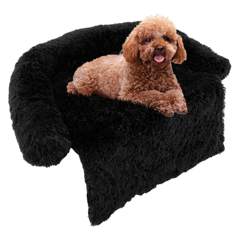 3 Sizes Black Plush Calming Dog Couch Bed with Anti-Slip Bottom - Small