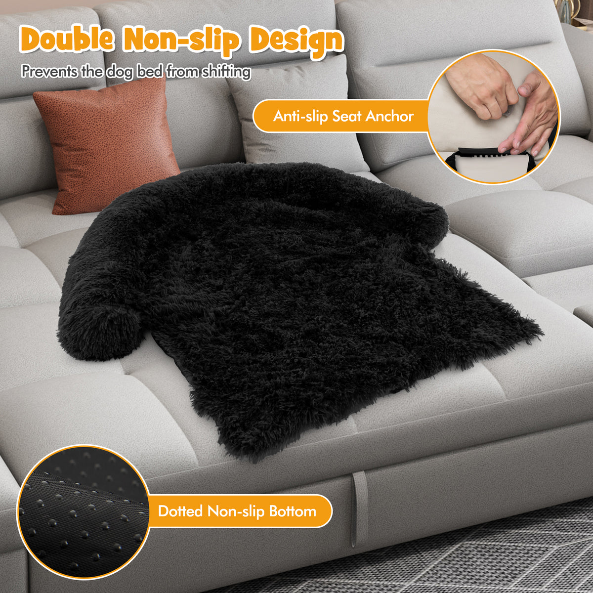 3 Sizes Black Plush Calming Dog Couch Bed with Anti-Slip Bottom - Small