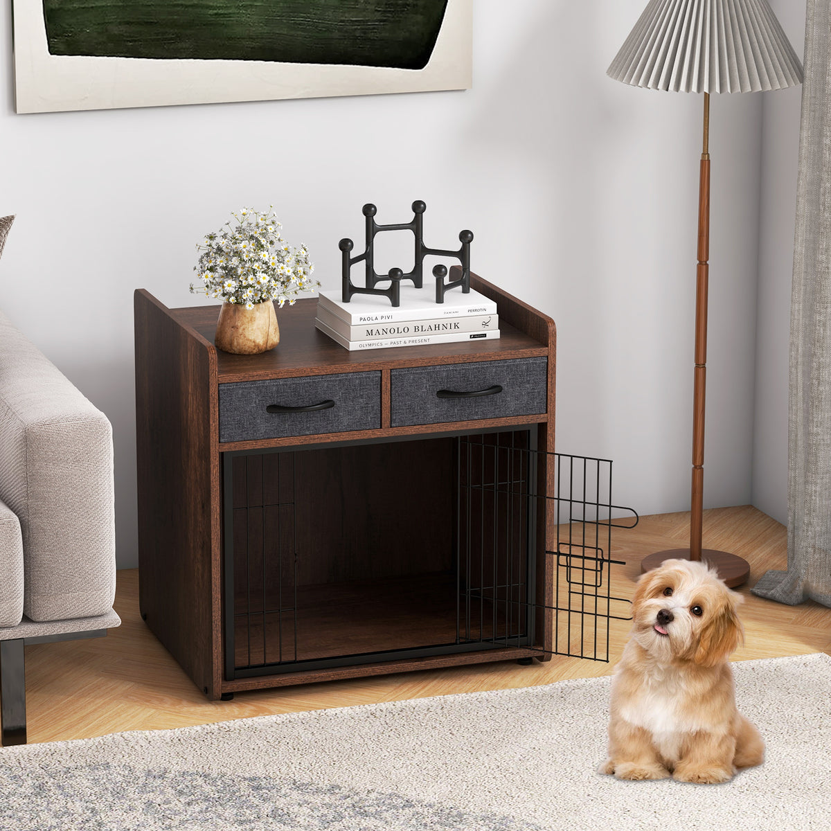 Dog Crate Furniture End Table with 2 Removable Fabric Drawers - Indoor Pet Cage