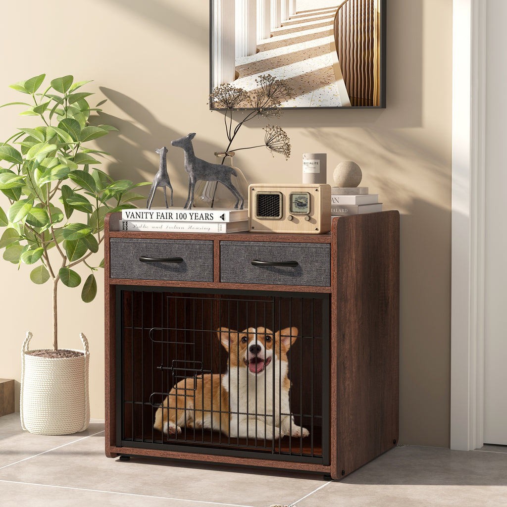Dog Crate Furniture End Table with 2 Removable Fabric Drawers - Indoor Pet Cage