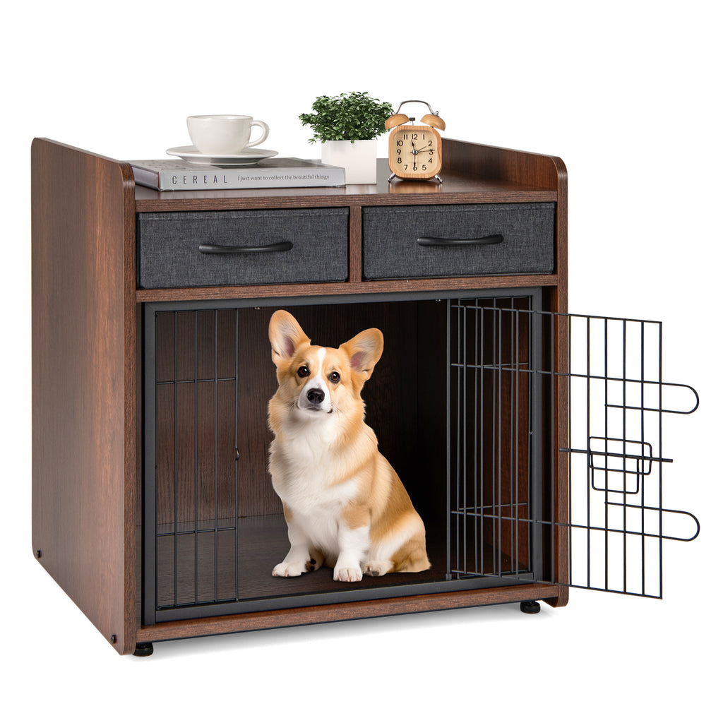 Dog Crate Furniture End Table with 2 Removable Fabric Drawers - Indoor Pet Cage