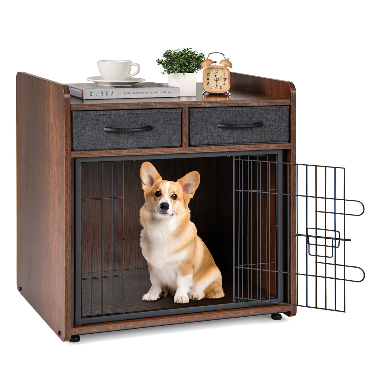 Dog Crate Furniture End Table with 2 Removable Fabric Drawers - Indoor Pet Cage
