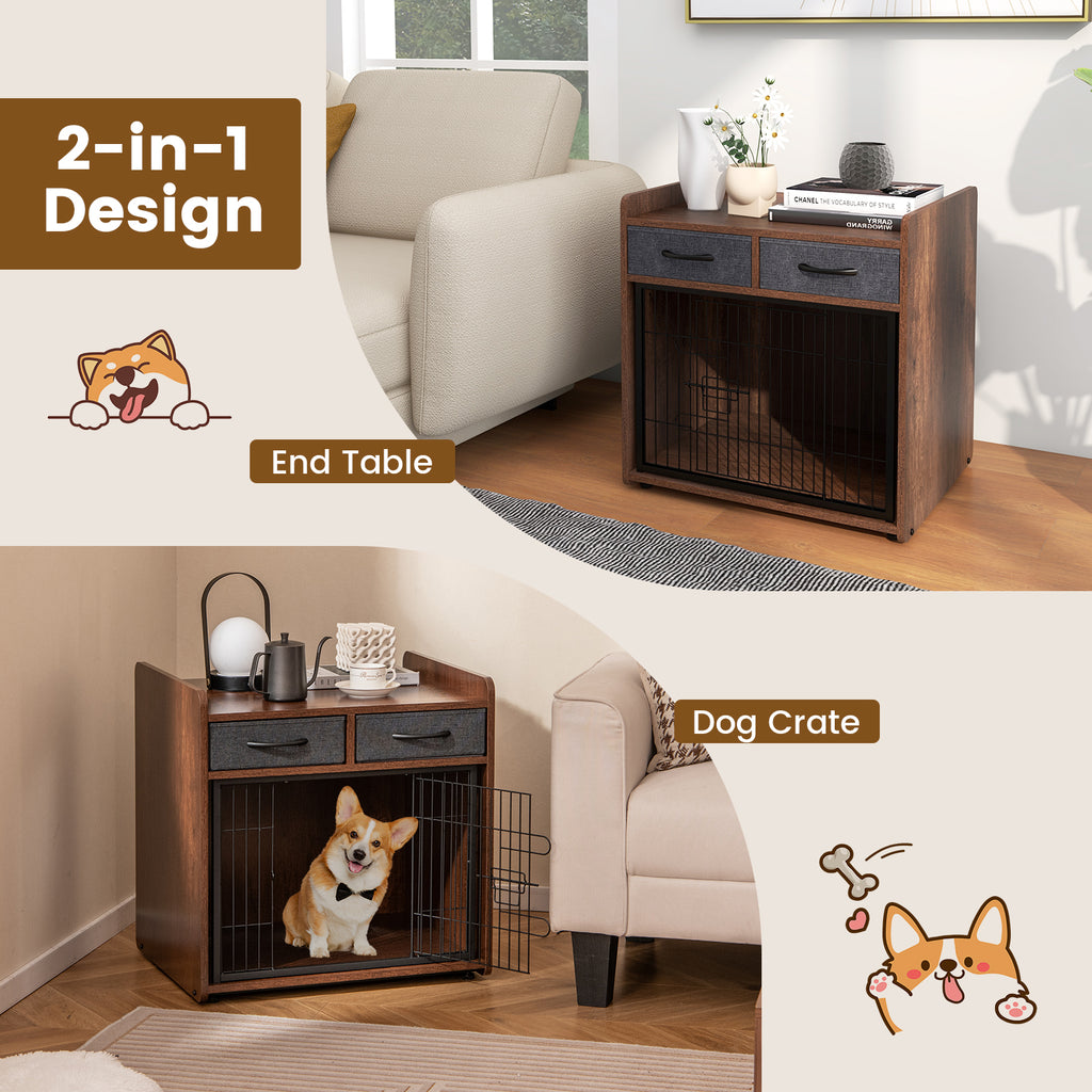Dog Crate Furniture End Table with 2 Removable Fabric Drawers - Indoor Pet Cage