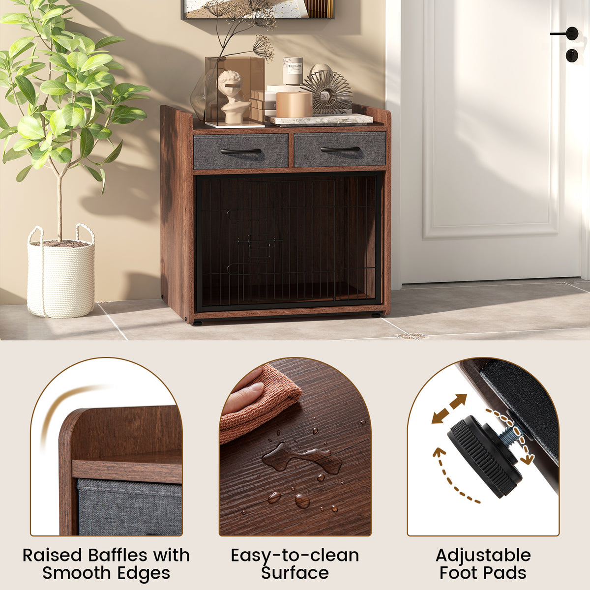 Dog Crate Furniture End Table with 2 Removable Fabric Drawers - Indoor Pet Cage