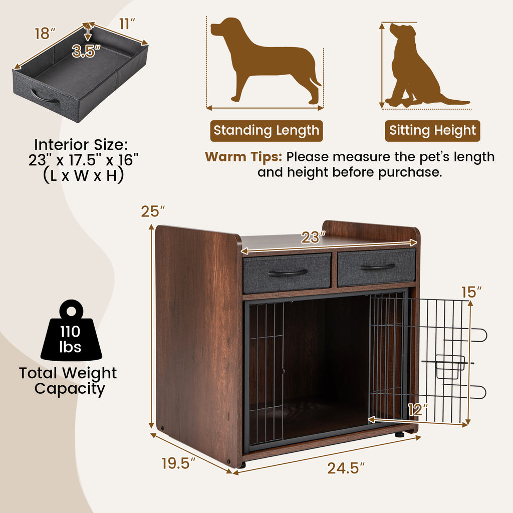 Dog Crate Furniture End Table with 2 Removable Fabric Drawers - Indoor Pet Cage