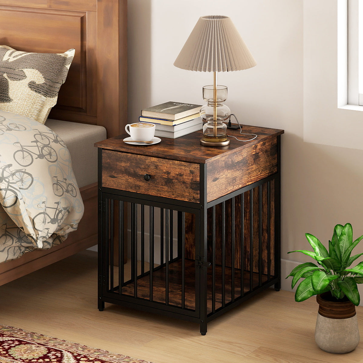 Dog Crate Furniture for Small Dogs with Charging Station - Rustic Brown 2-in-1