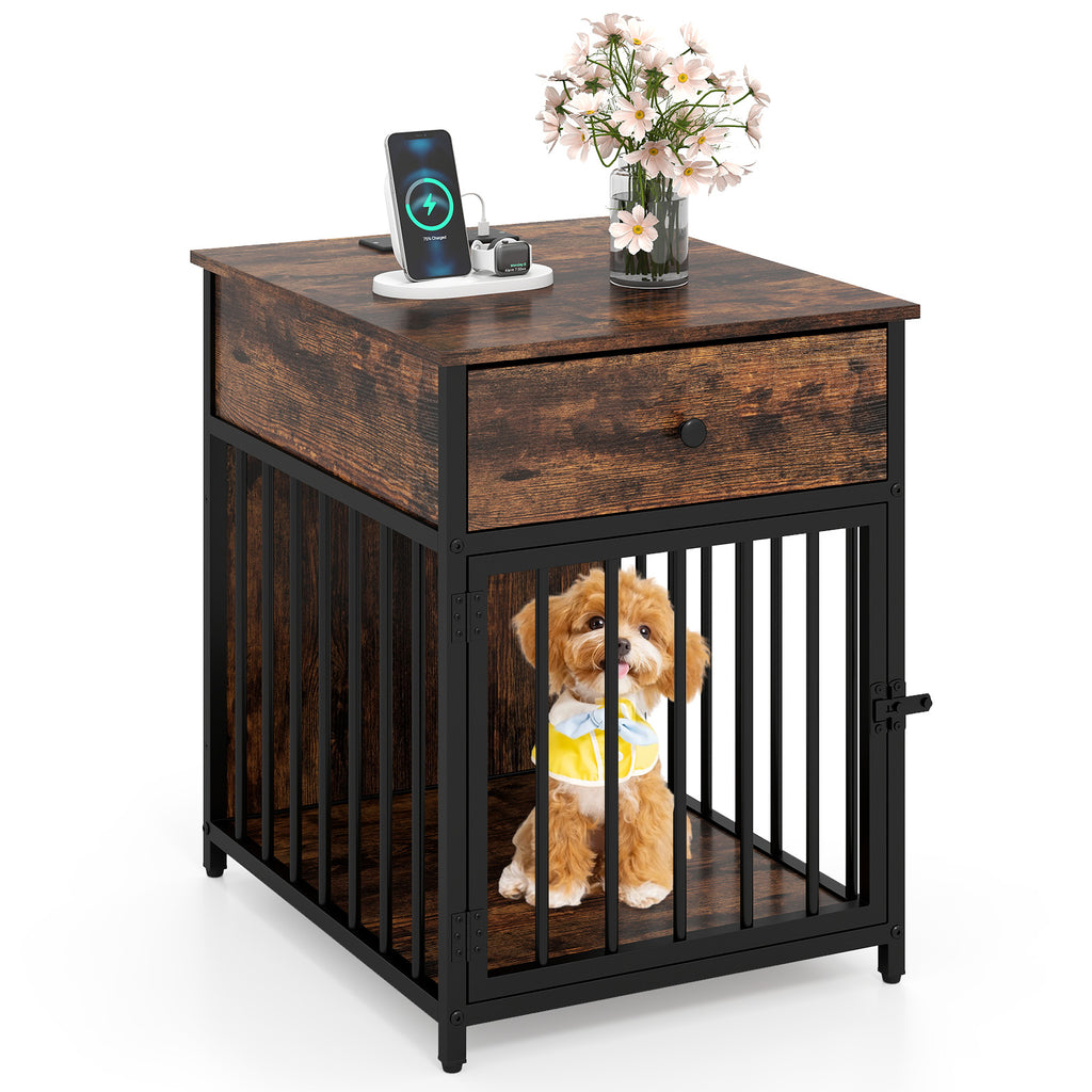Dog Crate Furniture for Small Dogs with Charging Station - Rustic Brown 2-in-1