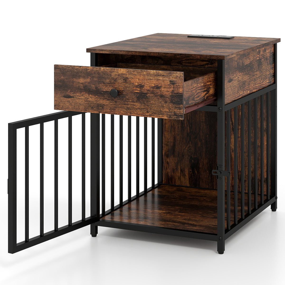 Dog Crate Furniture for Small Dogs with Charging Station - Rustic Brown 2-in-1