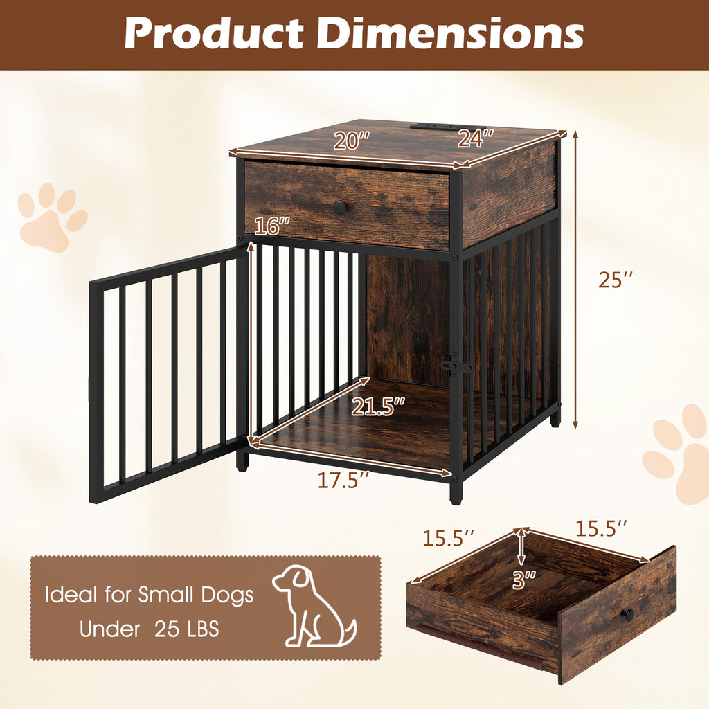 Dog Crate Furniture for Small Dogs with Charging Station - Rustic Brown 2-in-1