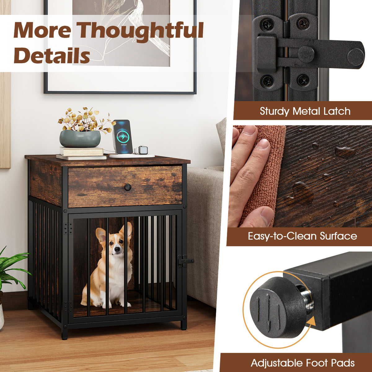 Dog Crate Furniture for Small Dogs with Charging Station - Rustic Brown 2-in-1