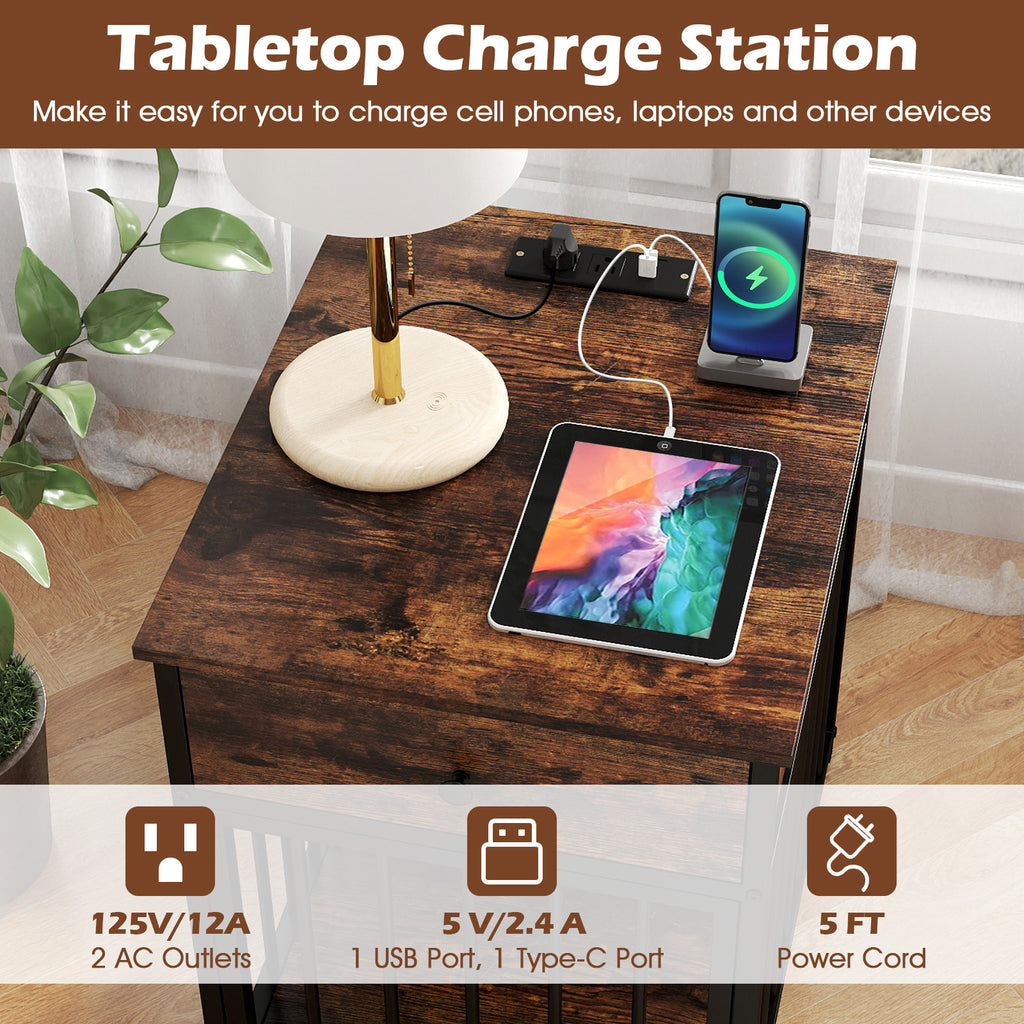 Dog Crate Furniture for Small Dogs with Charging Station - Rustic Brown 2-in-1