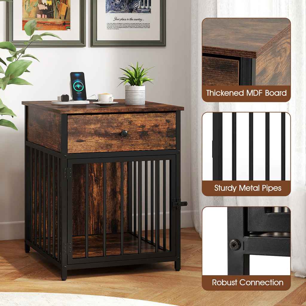 Dog Crate Furniture for Small Dogs with Charging Station - Rustic Brown 2-in-1