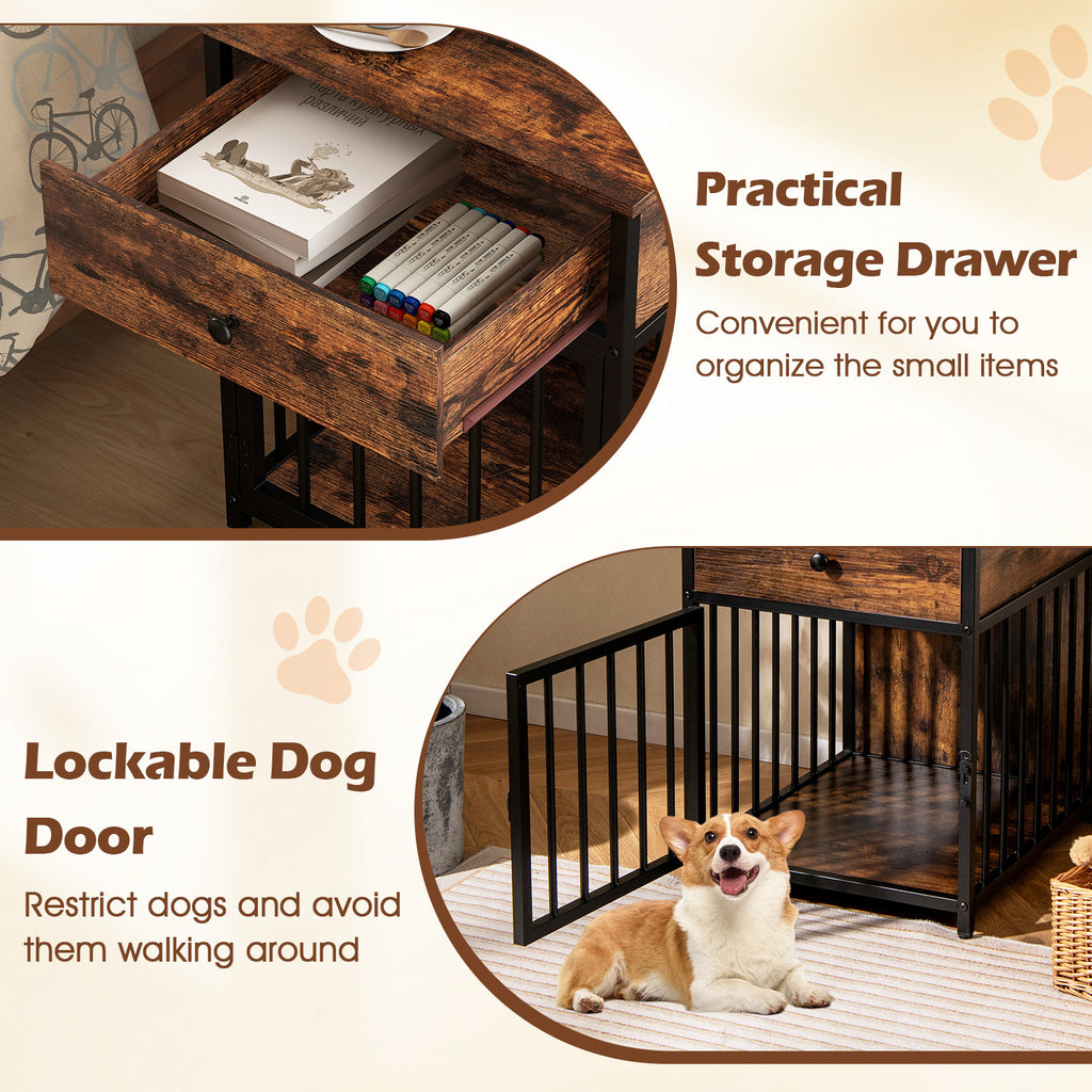 Dog Crate Furniture for Small Dogs with Charging Station - Rustic Brown 2-in-1