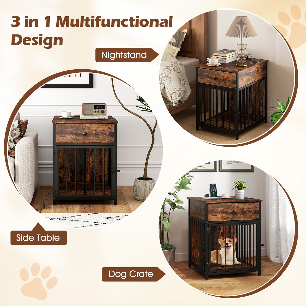 Dog Crate Furniture for Small Dogs with Charging Station - Rustic Brown 2-in-1
