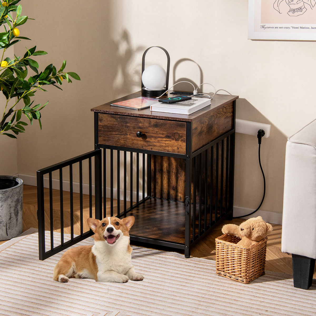 Dog Crate Furniture for Small Dogs with Charging Station - Rustic Brown 2-in-1
