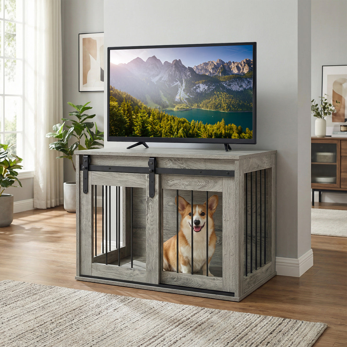 Heavy Duty Dog Crate Furniture with Sliding Barn Door - Rustic Brown, Metal Bars