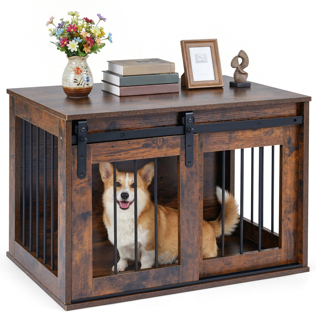 Heavy Duty Dog Crate Furniture with Sliding Barn Door - Rustic Brown, Metal Bars