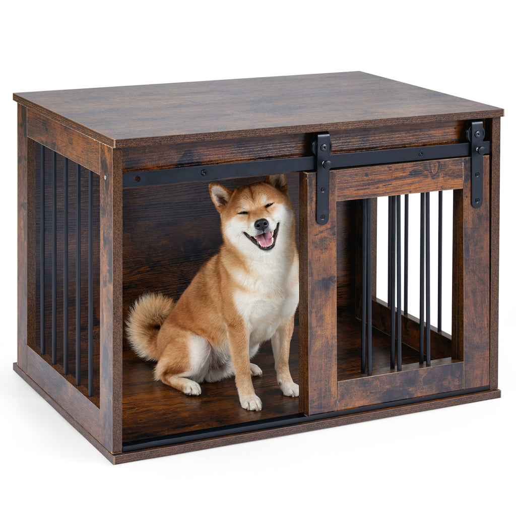 Heavy Duty Dog Crate Furniture with Sliding Barn Door - Rustic Brown, Metal Bars