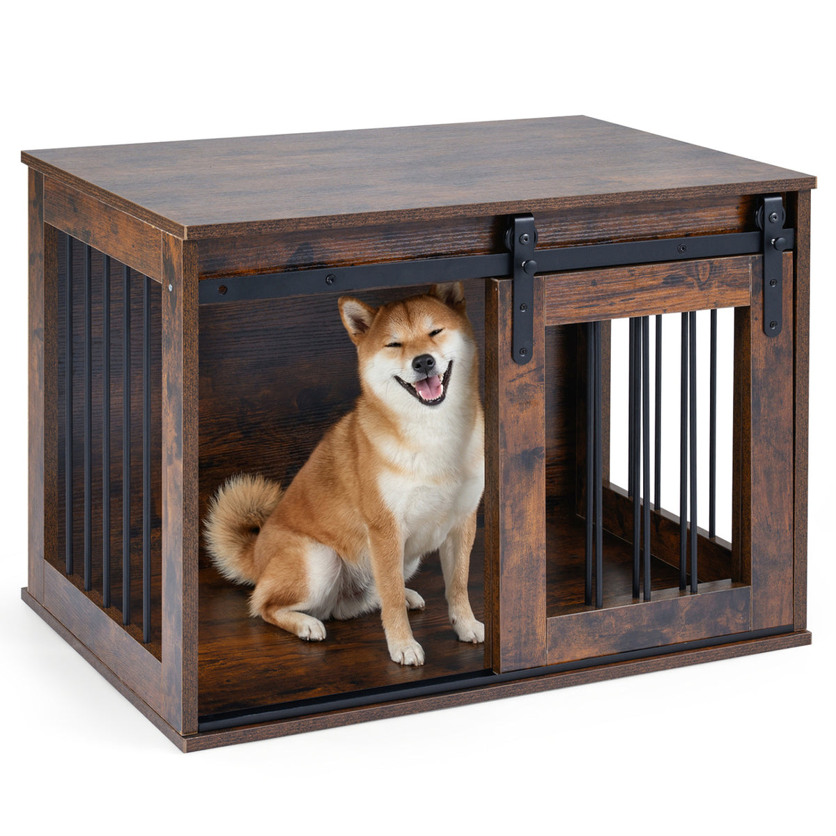 Heavy Duty Dog Crate Furniture with Sliding Barn Door - Rustic Brown, Metal Bars
