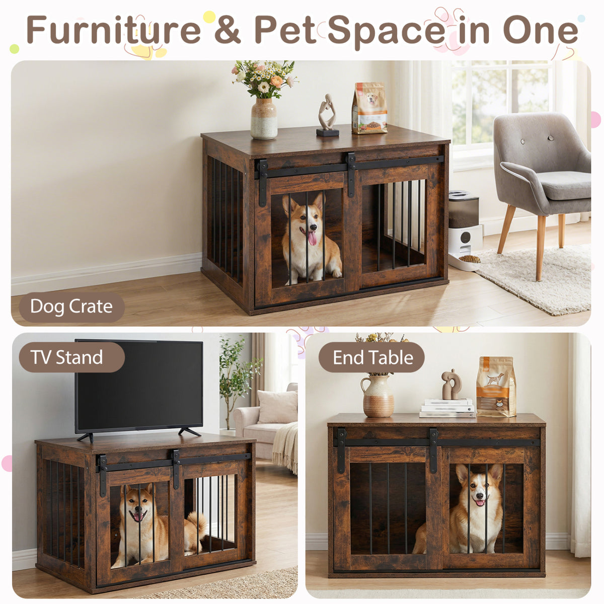 Heavy Duty Dog Crate Furniture with Sliding Barn Door - Rustic Brown, Metal Bars