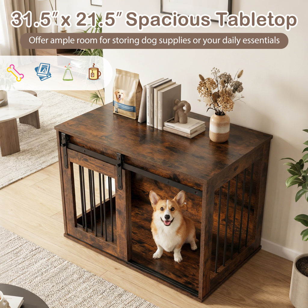 Heavy Duty Dog Crate Furniture with Sliding Barn Door - Rustic Brown, Metal Bars