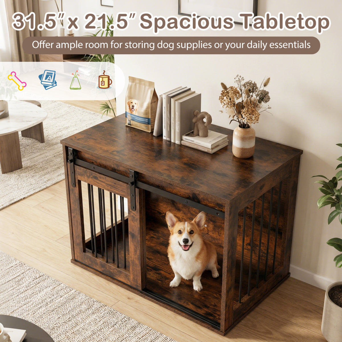 Heavy Duty Dog Crate Furniture with Sliding Barn Door - Rustic Brown, Metal Bars