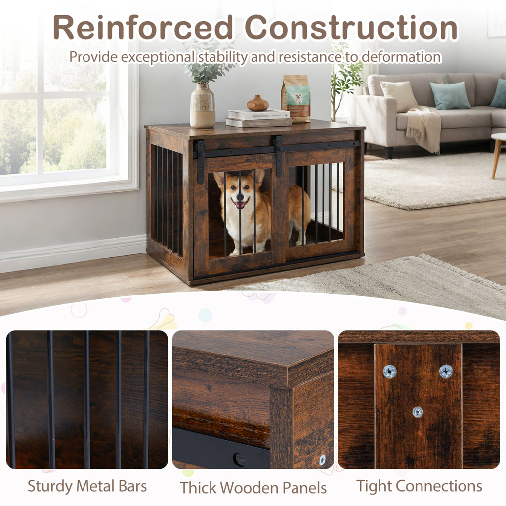 Heavy Duty Dog Crate Furniture with Sliding Barn Door - Rustic Brown, Metal Bars