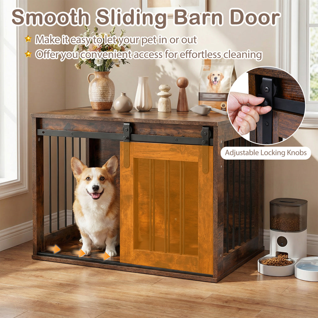 Heavy Duty Dog Crate Furniture with Sliding Barn Door - Rustic Brown, Metal Bars