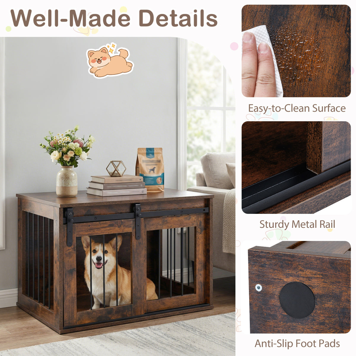 Heavy Duty Dog Crate Furniture with Sliding Barn Door - Rustic Brown, Metal Bars