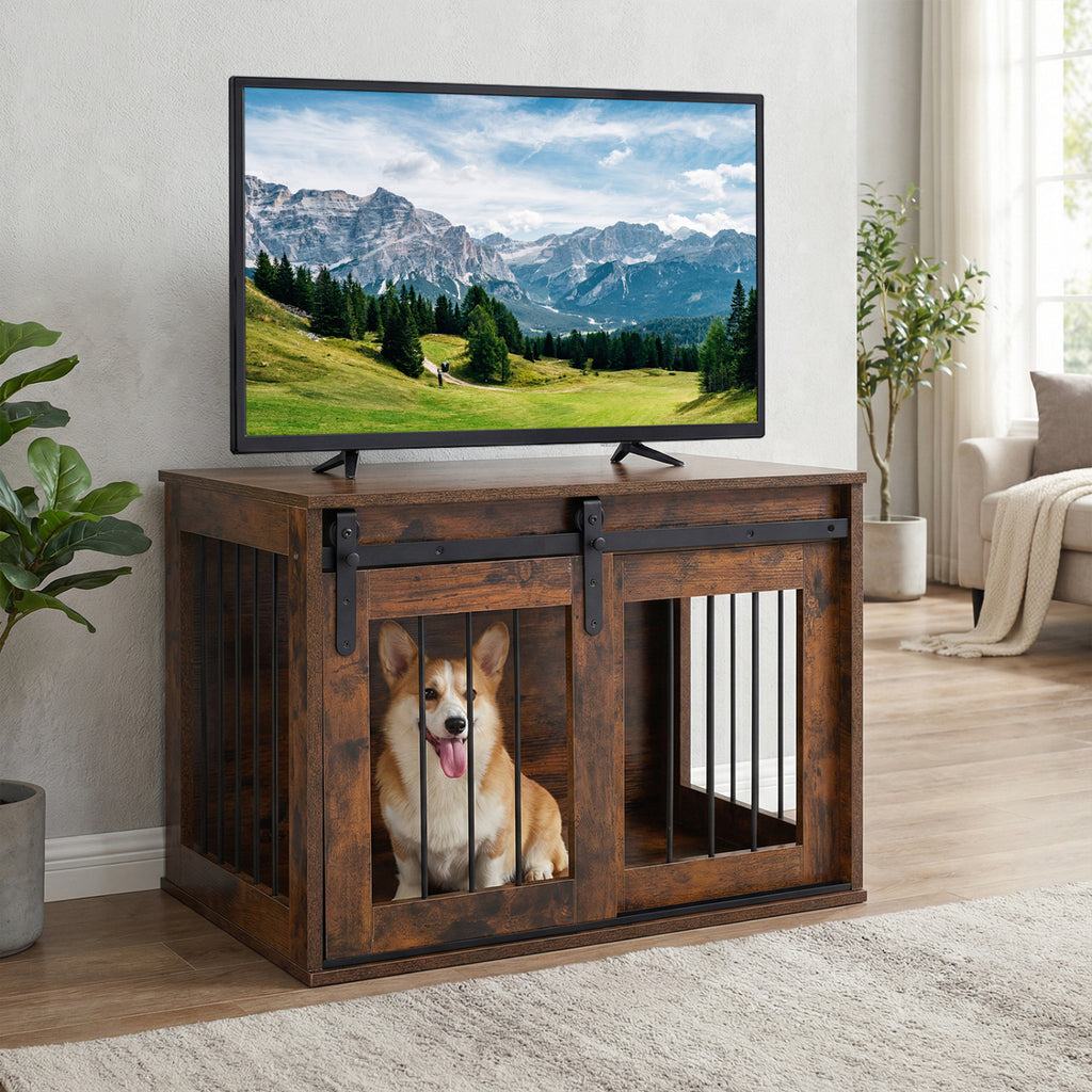 Heavy Duty Dog Crate Furniture with Sliding Barn Door - Rustic Brown, Metal Bars