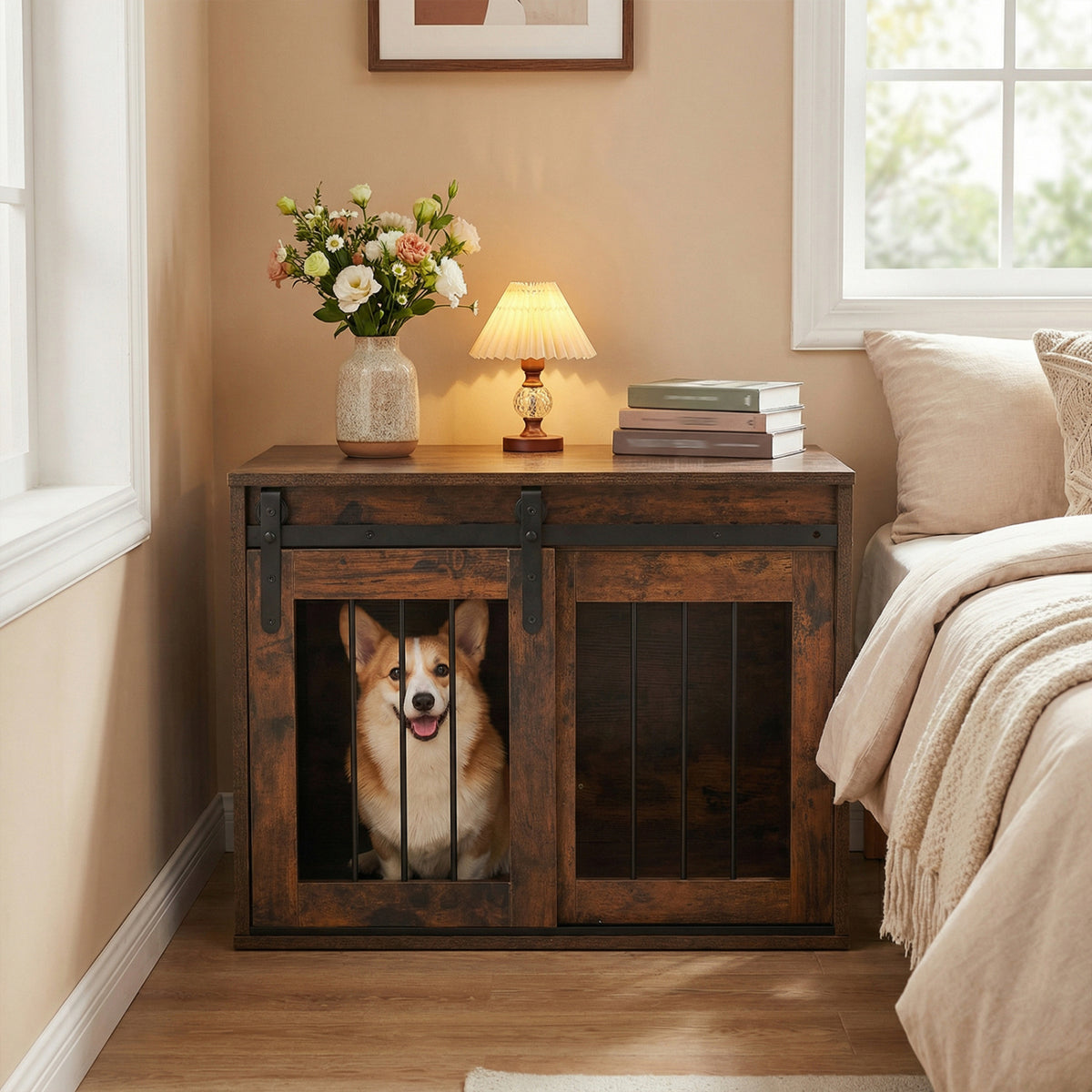 Heavy Duty Dog Crate Furniture with Sliding Barn Door - Rustic Brown, Metal Bars