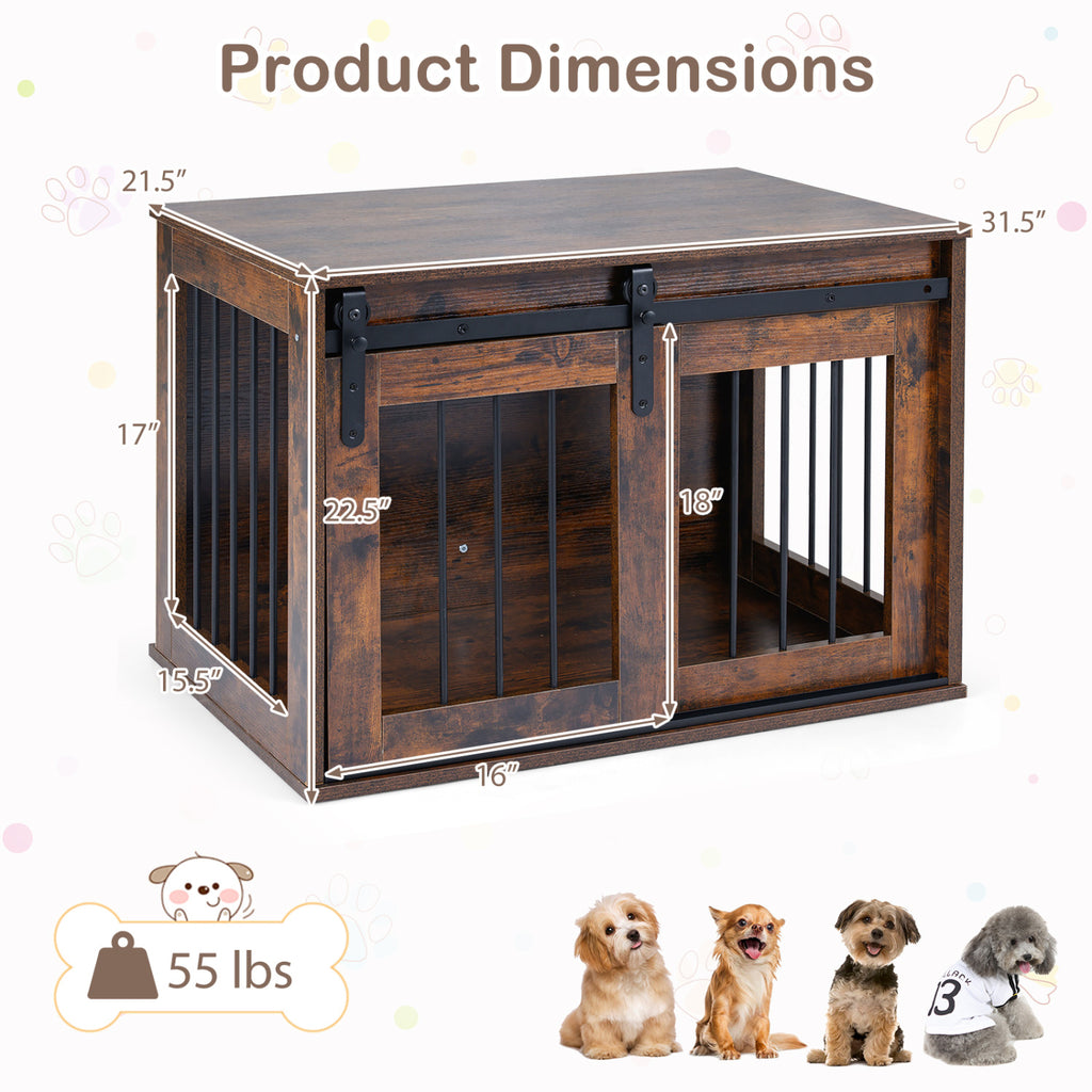 Heavy Duty Dog Crate Furniture with Sliding Barn Door - Rustic Brown, Metal Bars