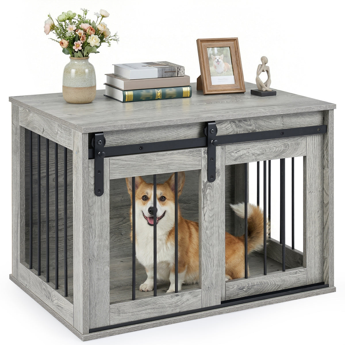 Heavy Duty Dog Crate Furniture with Sliding Barn Door - Gray, Metal Bars