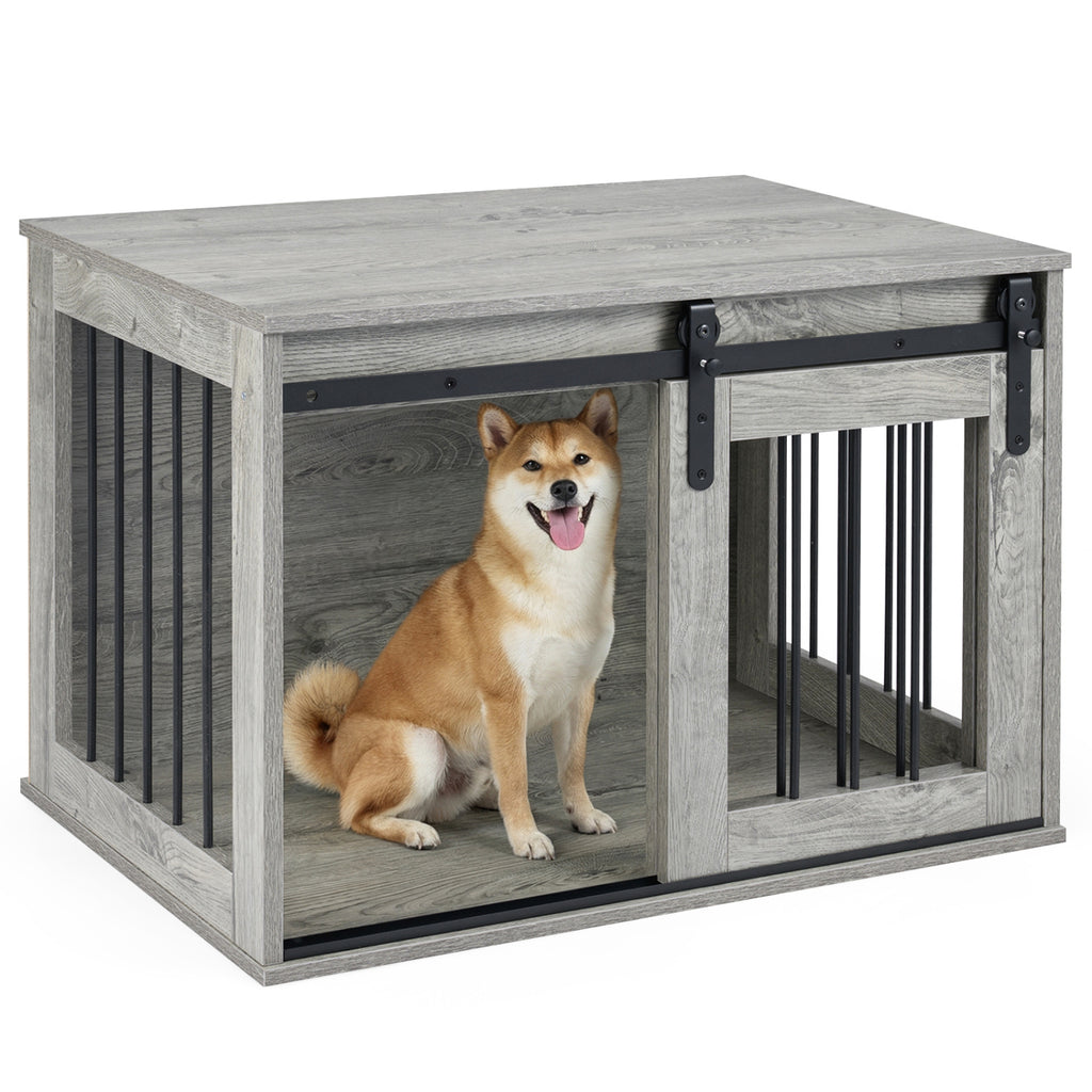 Heavy Duty Dog Crate Furniture with Sliding Barn Door - Gray, Metal Bars
