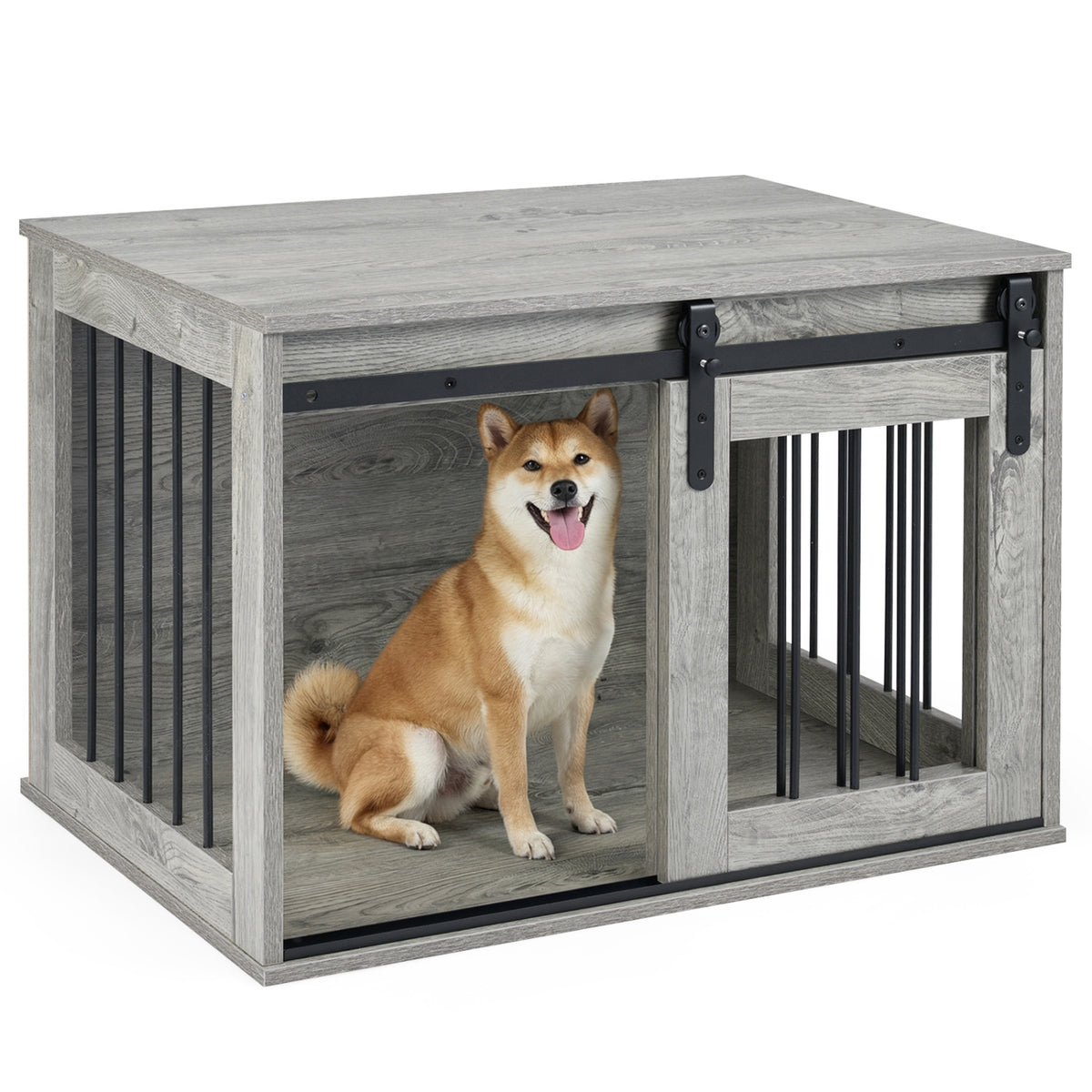 Heavy Duty Dog Crate Furniture with Sliding Barn Door - Gray, Metal Bars