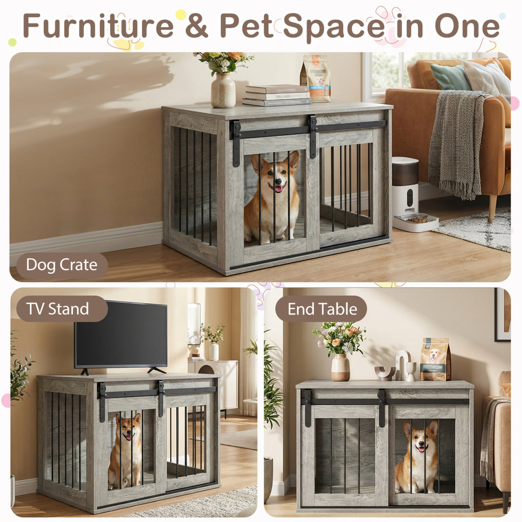 Heavy Duty Dog Crate Furniture with Sliding Barn Door - Gray, Metal Bars
