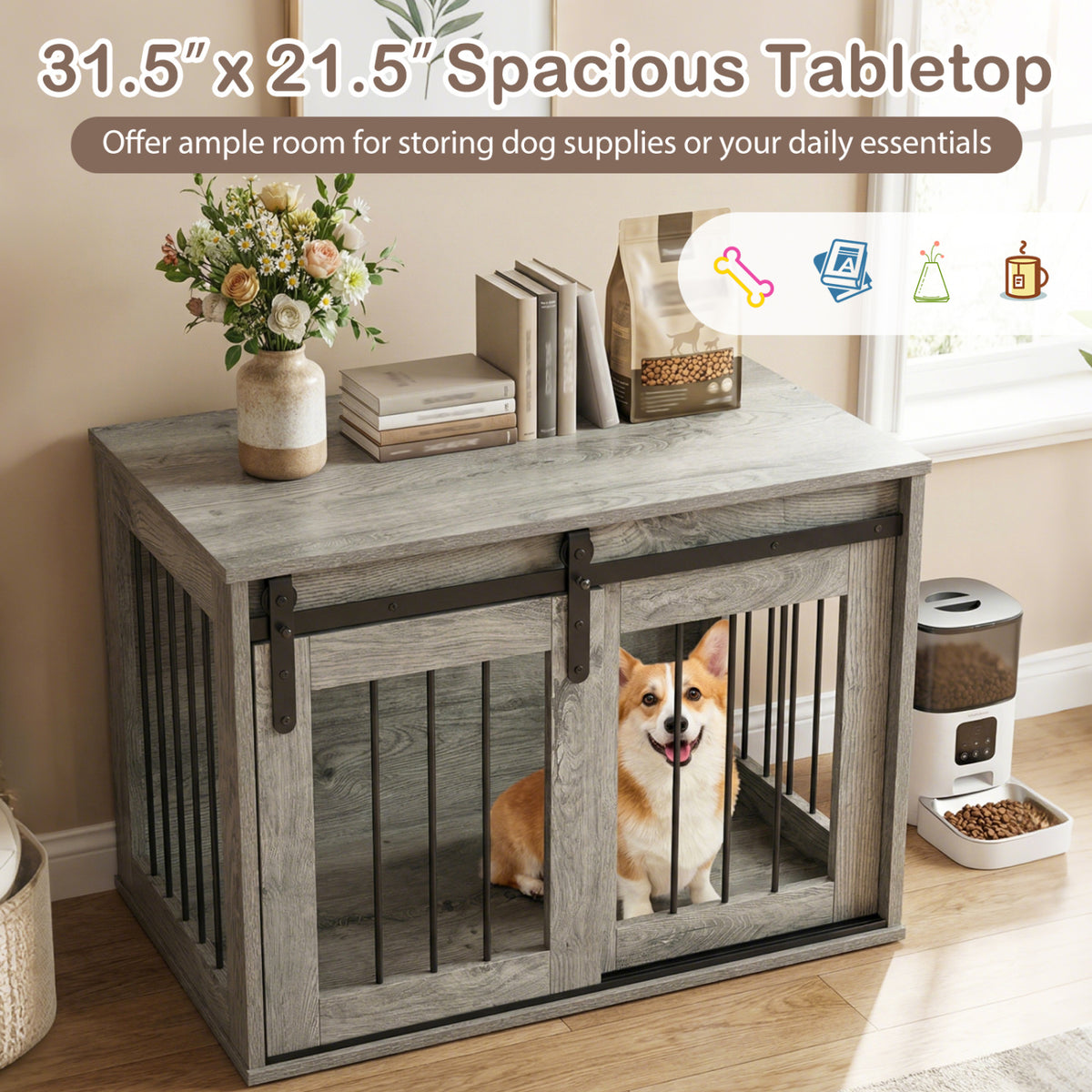 Heavy Duty Dog Crate Furniture with Sliding Barn Door - Gray, Metal Bars